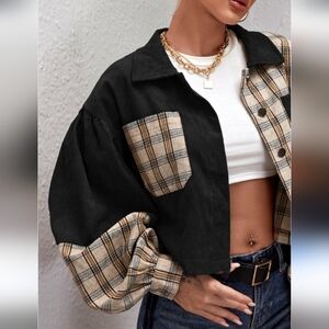 Plaid and Black Cropped Jacket